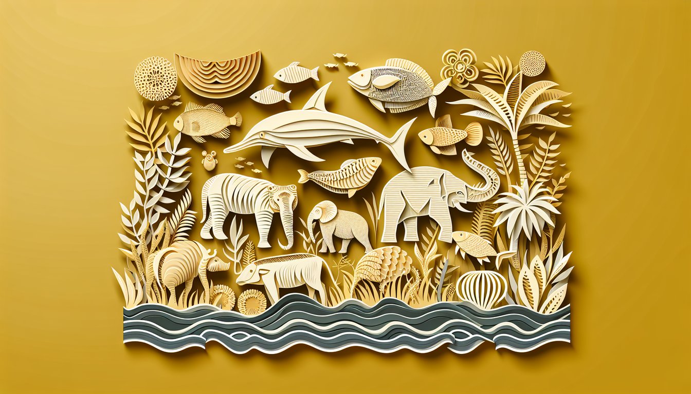 Paper art illustration for quiz on Indian aquatic animals trivia on a golden yellow background