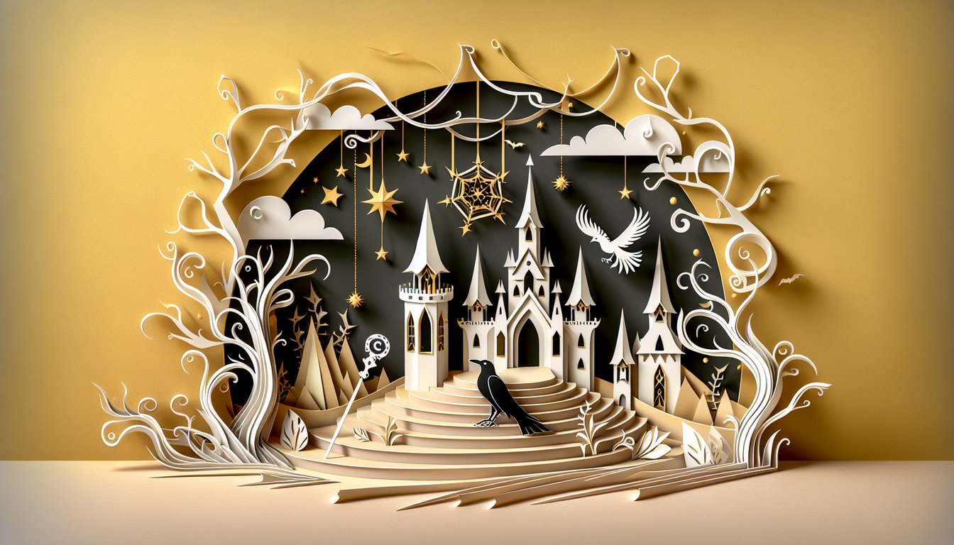 Stylized paper art portrait of Maleficent horns staff on golden yellow background for Disney quiz