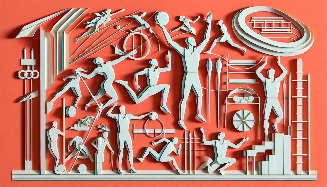Paper art of athletes sprinting hurdling and leaping on coral background athletics quiz challenge