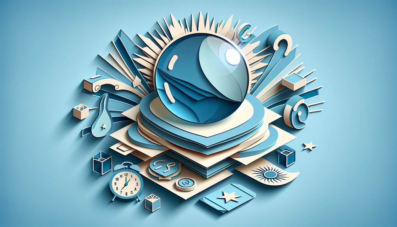 Paper art skull hourglass question marks and cards on sky blue background inviting free death prediction quiz