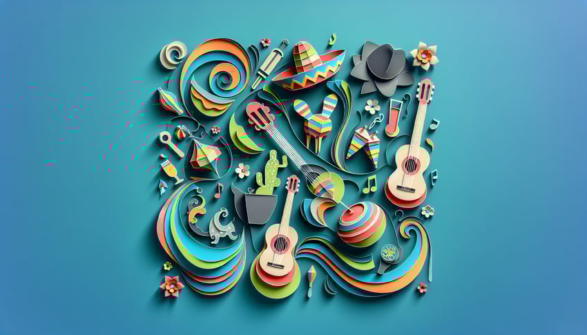 Paper art banner for quiz on Famous Hispanic People with colorful Latino face silhouettes on teal background