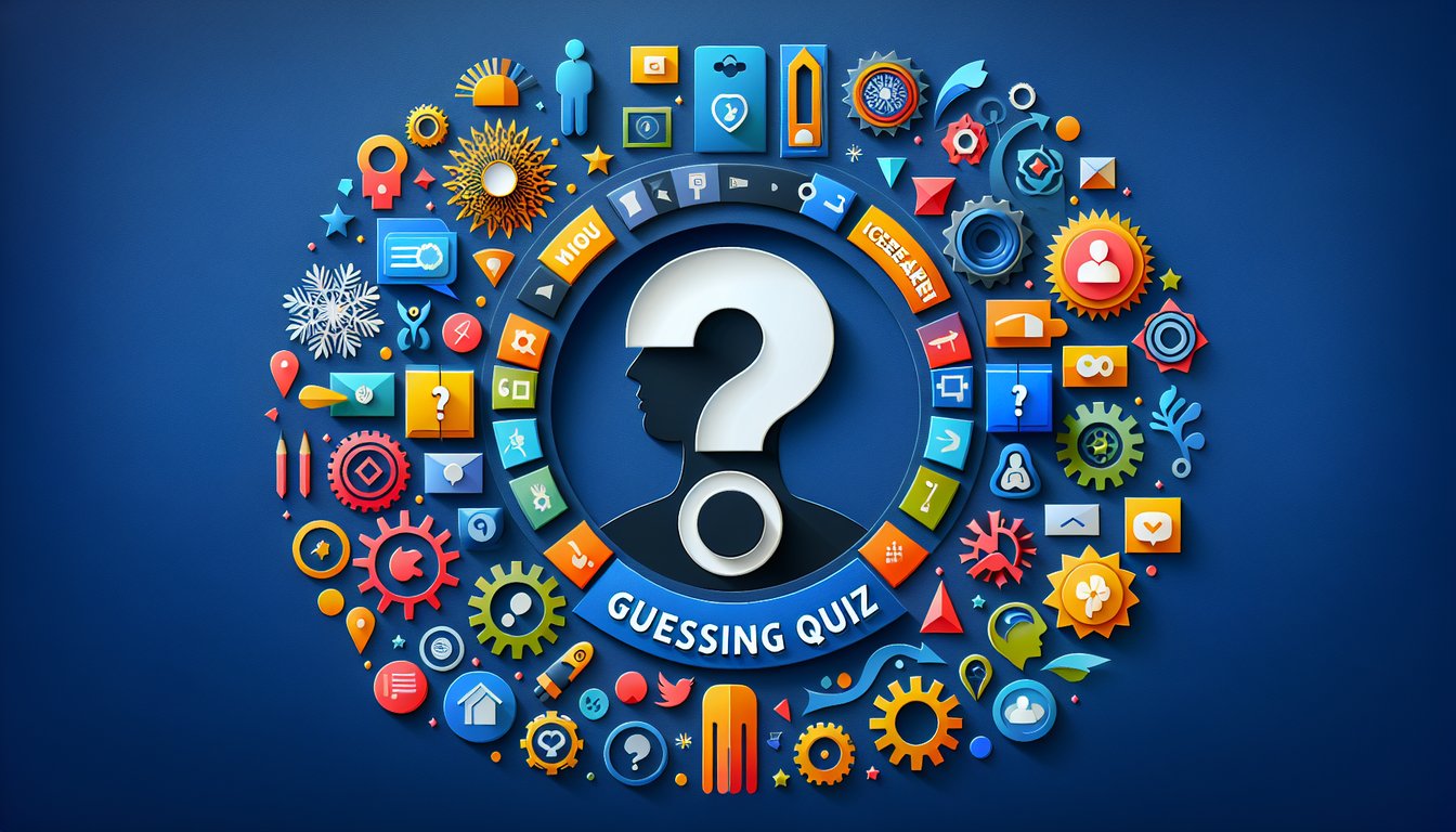 Colorful paper art depicting elements of an Employee Icebreaker Guessing Quiz.