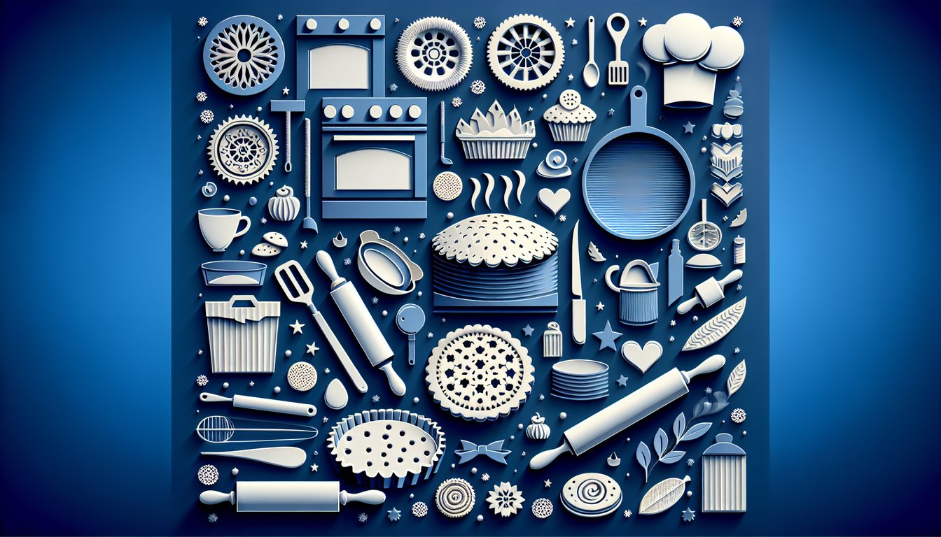 Paper art style baking quiz scene with cupcakes whisk rolling pin question mark on dark blue background