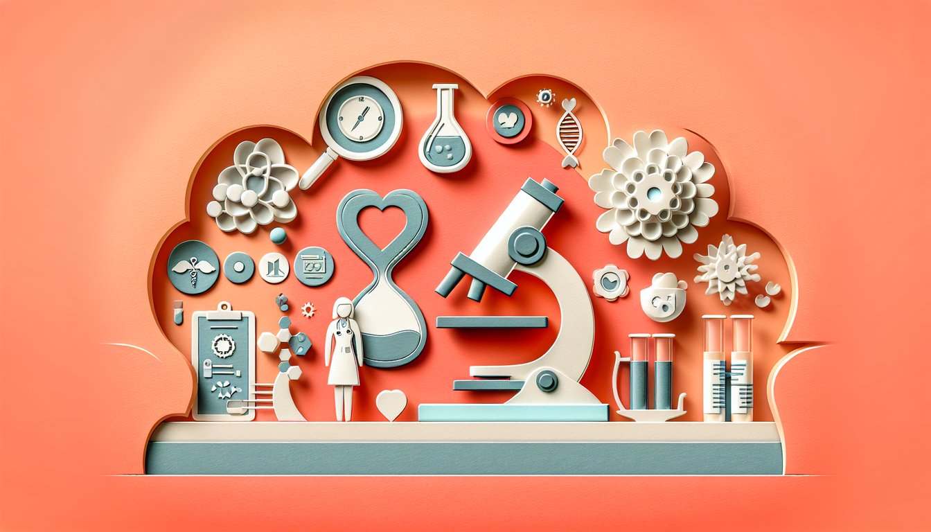 Paper art illustration for gerontology practice quiz on a coral background