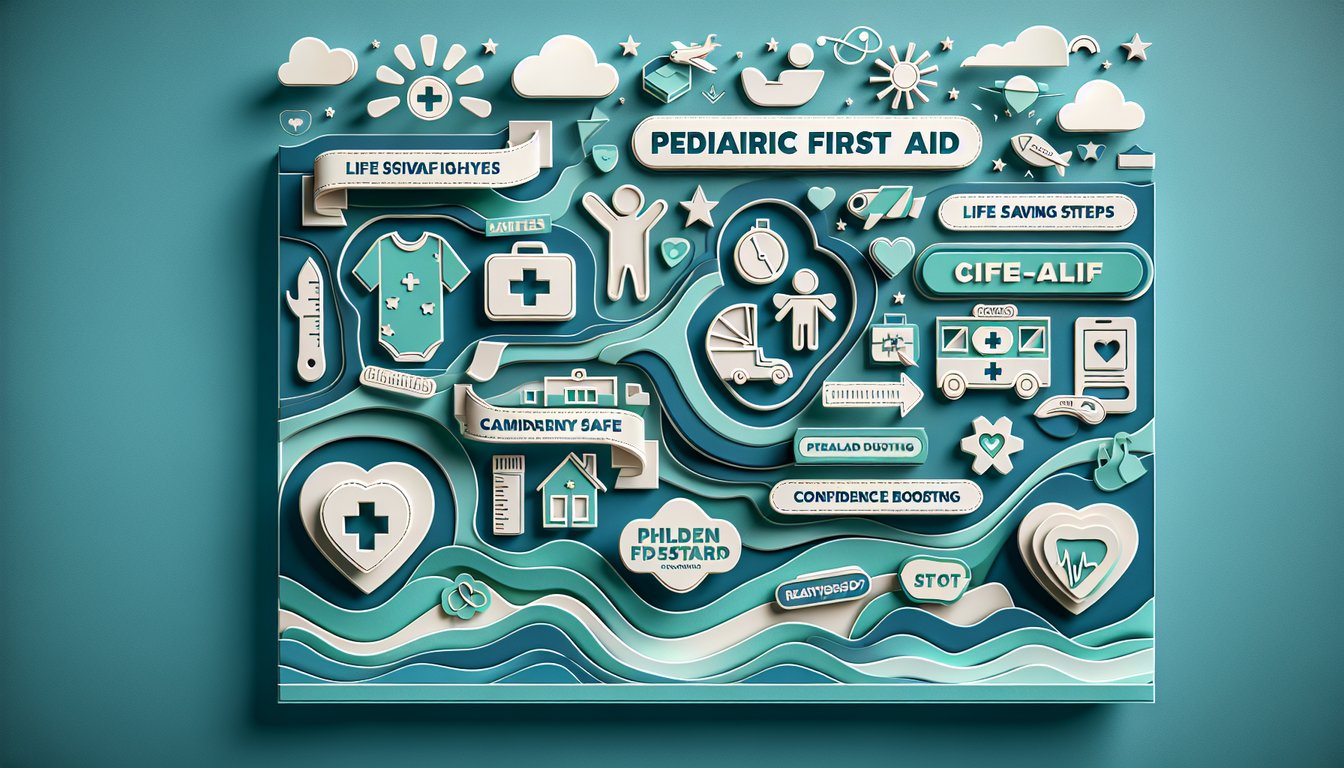 Paper cut stethoscope bandage heart and question mark icons over teal background signaling pediatric first aid quiz