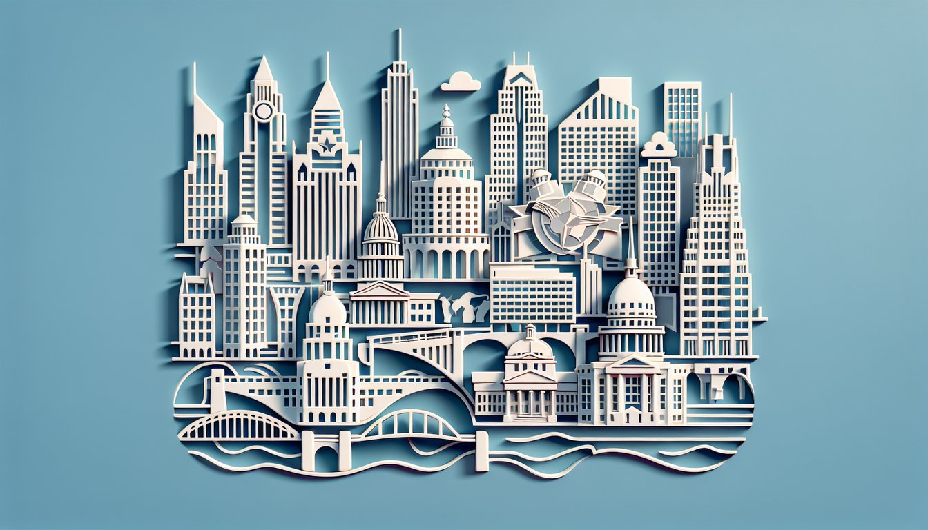 Paper art illustration for Midwest Region US capitals quiz on sky blue background