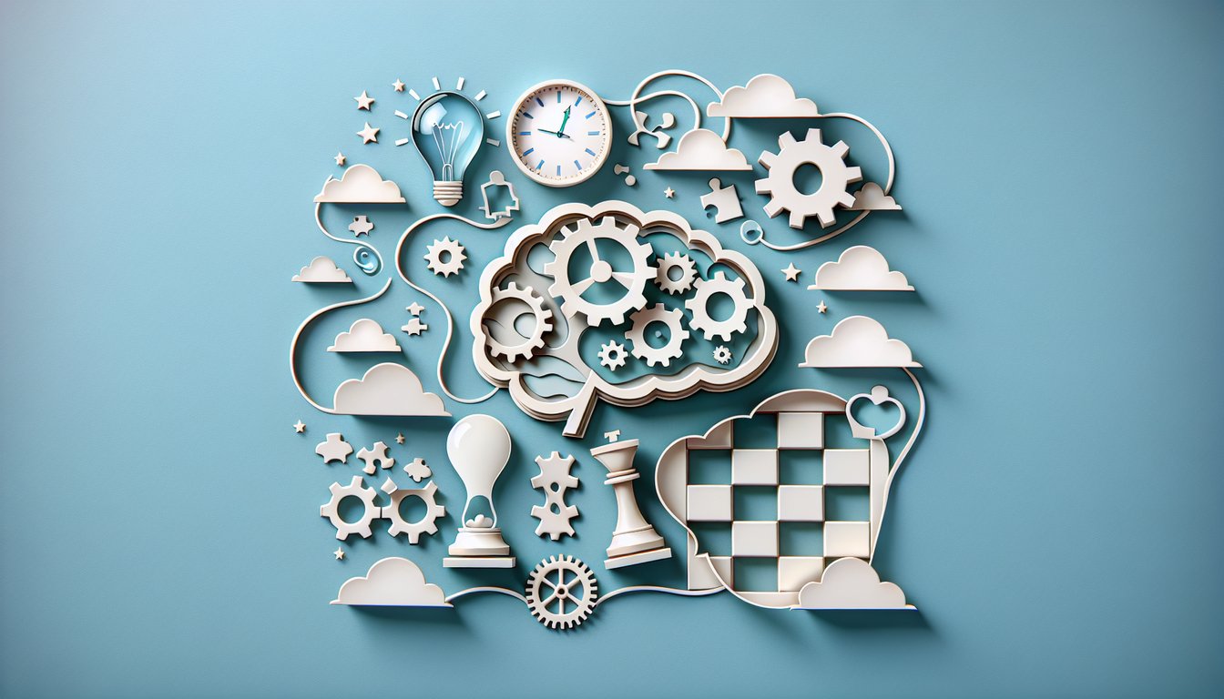 Paper art quiz illustration promoting a free IQ and reasoning test on a sky blue background.