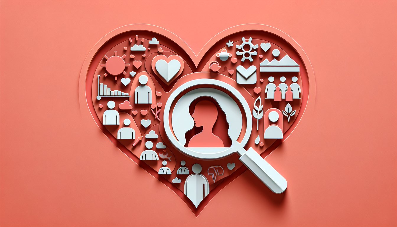 Paper art illustration with layered profile faces, puzzle pieces, hearts on coral background for true personality quiz