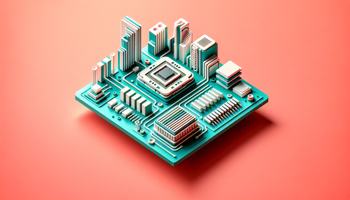 Paper art illustration of CPU RAM motherboard chip icons on coral background for sixth grade hardware quiz