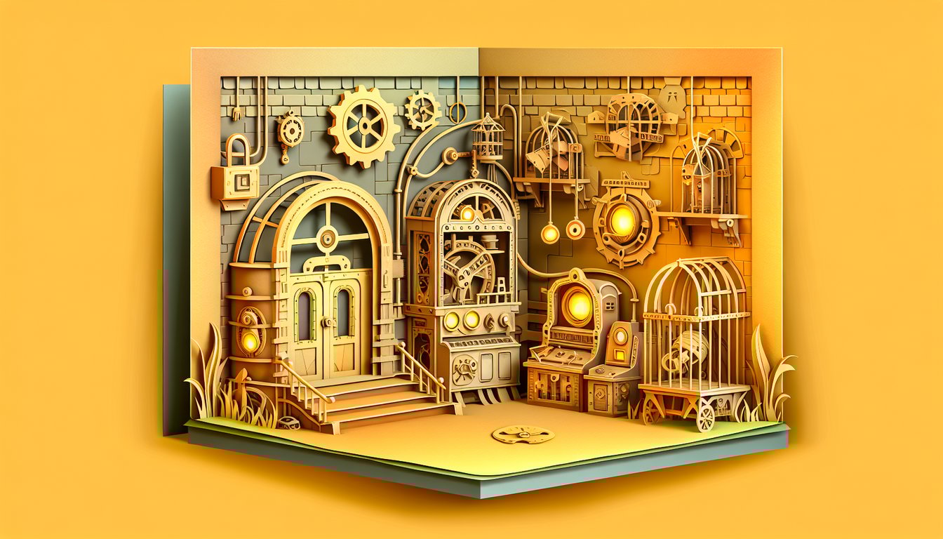 Paper art animatronic characters from Five Nights at Freddys Sister Location on golden yellow background with quiz title