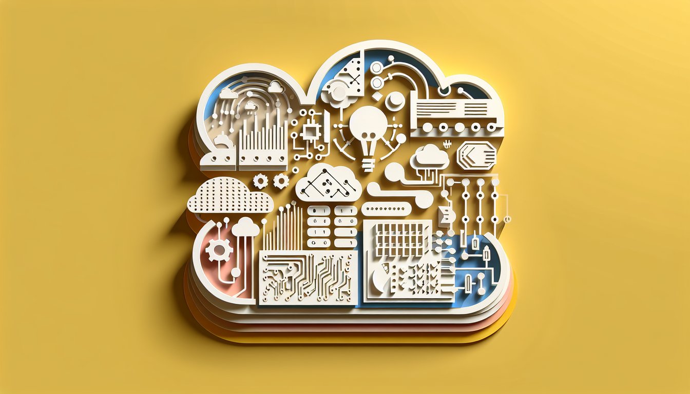 Paper art illustration for a computer science quiz on a golden yellow background