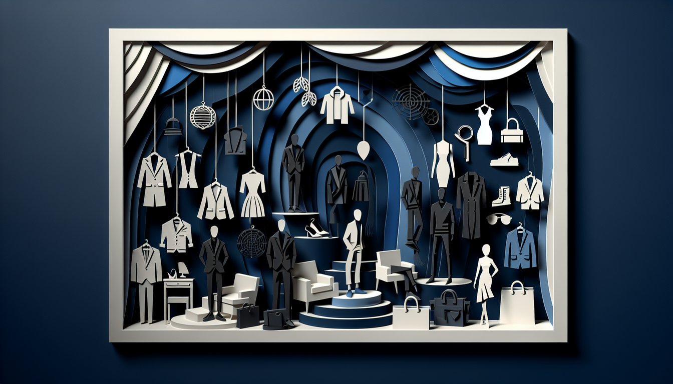 Paper art collage of fashion figures accessories and question mark icons on dark blue background for style personality quiz