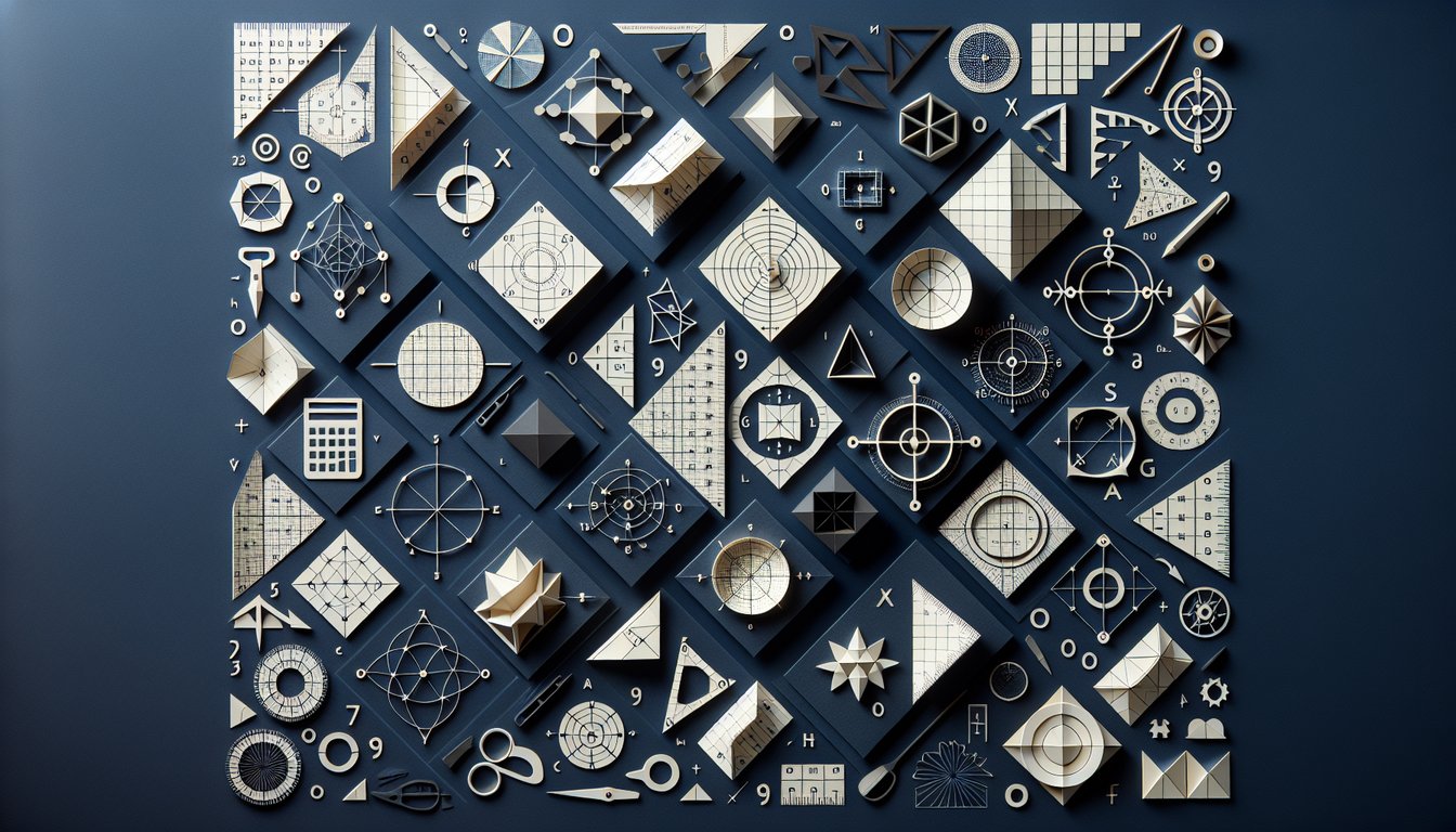 Colorful paper art promoting a Geometry Basics Blitz trivia for high school students.