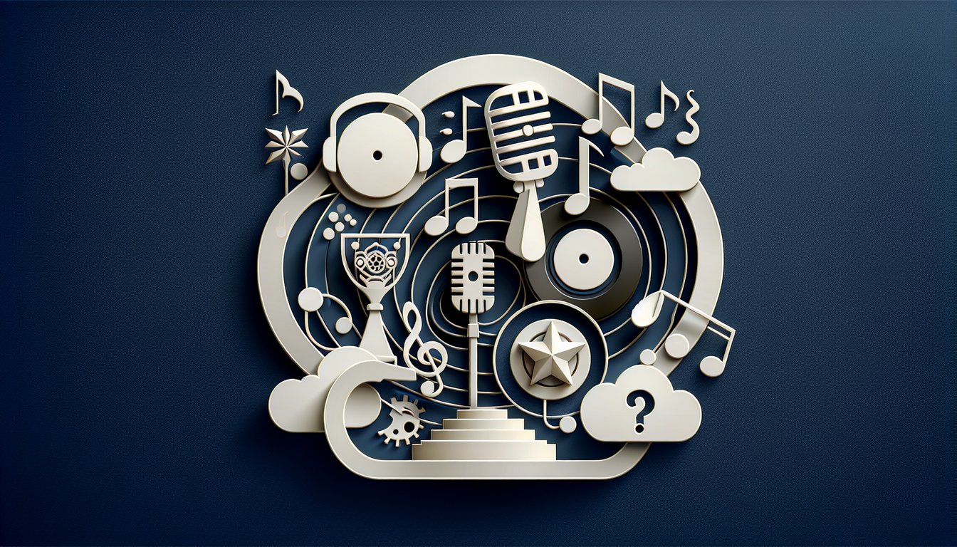 Paper art illustration of a free Mariah Carey hits and trivia quiz on dark blue background with stylized singer motif
