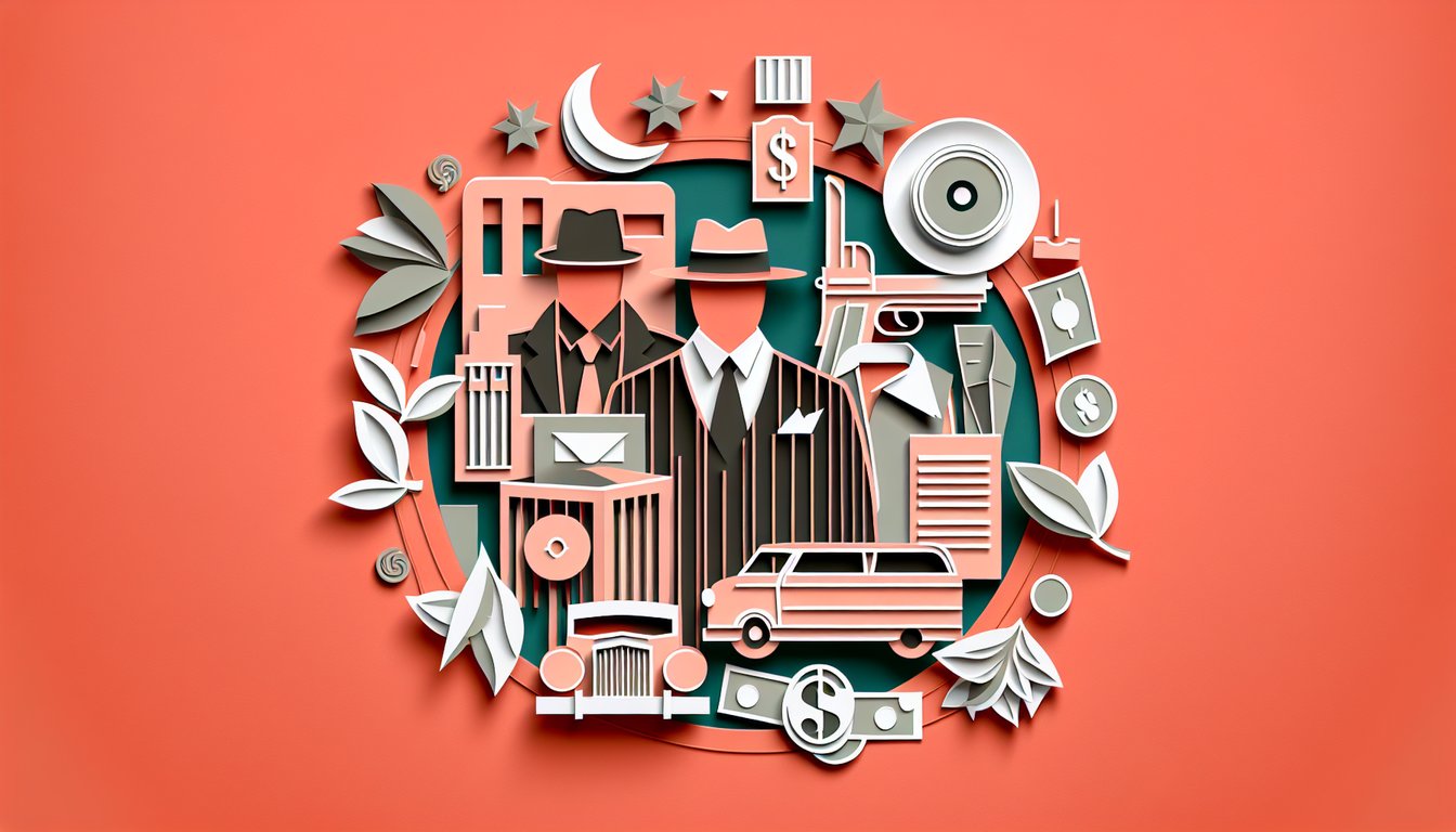 Paper art collage with puppet master hand controlling corleone silhouette, film strip quote bubble, on coral background