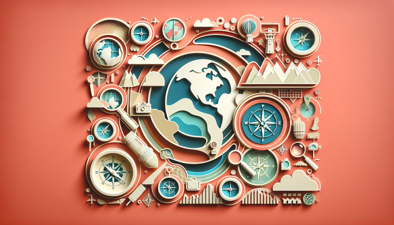 Paper cut globe showing continents and map symbols on coral backdrop for world quiz challenge
