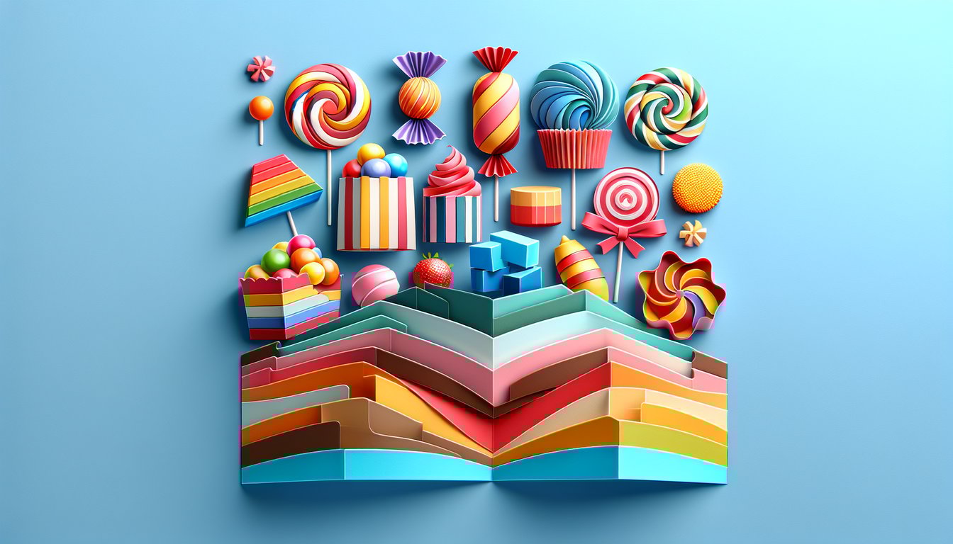 Paper art candy quiz illustration with colorful sweets and bar trivia icons on sky blue background
