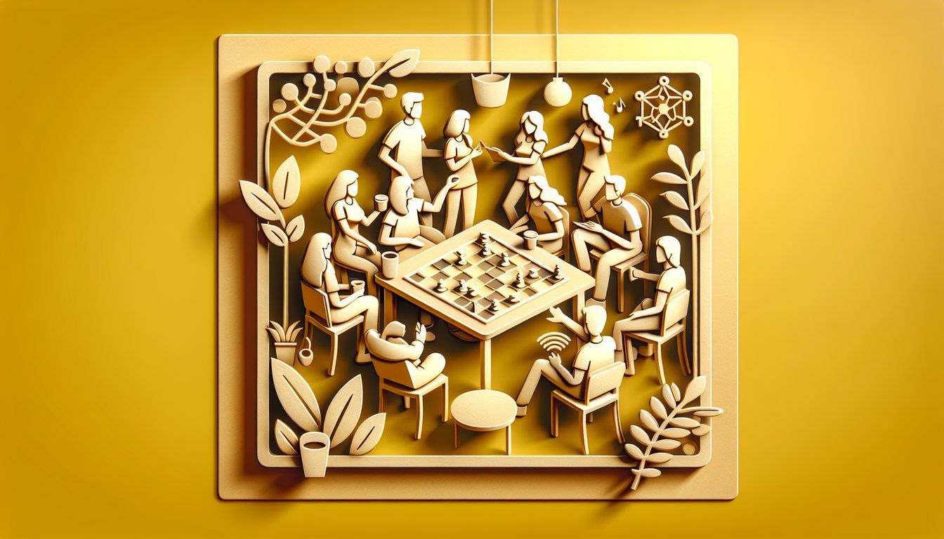 Paper cut quiz illustration showing cheerful friends on golden yellow background, social style and friend vibes challenge