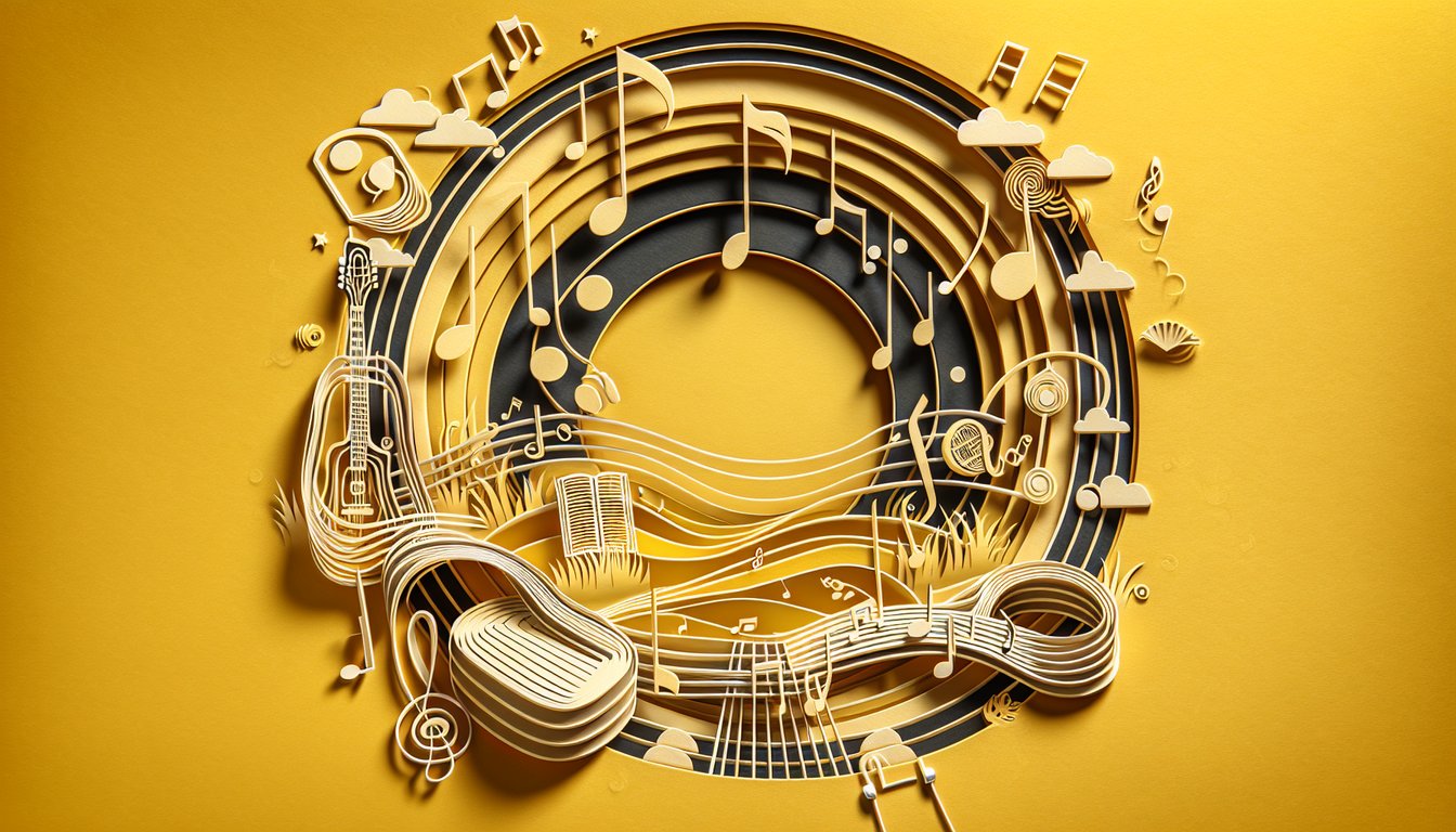 Paper art illustration for Noah Kahan Stick Season quiz on a golden yellow background.