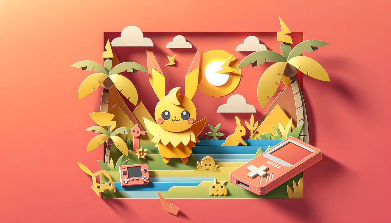 Paper art illustration of Pikachu and quiz elements on coral background for Ultra Sun and Moon Pokemon trivia