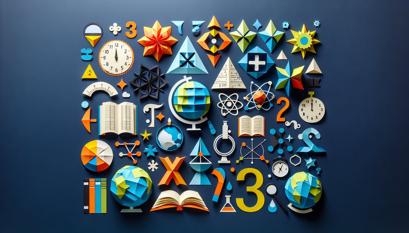 Colorful paper art depicting elements related to a Math and General Knowledge Quiz.