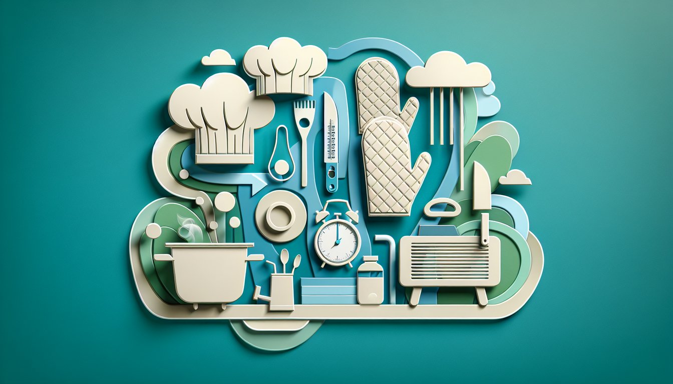 Paper art collage showing chef hat clipboard checklist test pages pencil quiz elements on teal background