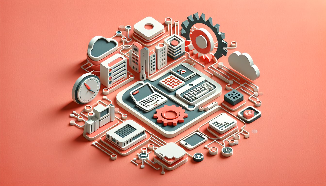 Paper art illustration with network nodes, server, lock, gear, code symbols on coral background for IT quiz