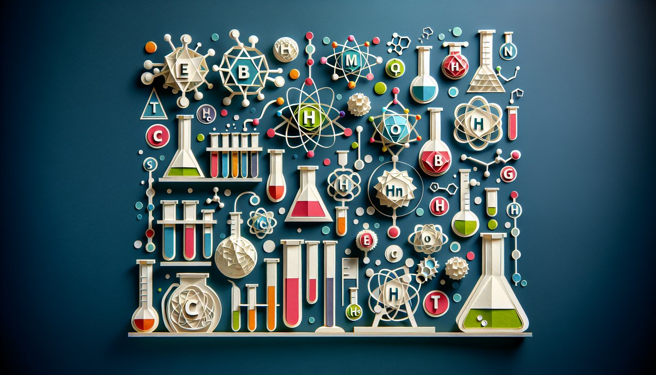 Colorful paper art depicting elements related to a Chemistry Final Exam Quiz