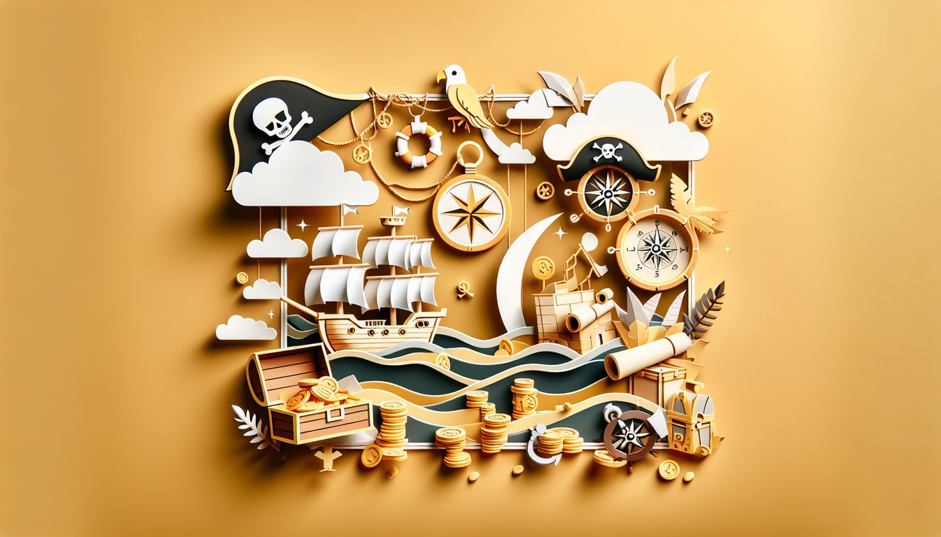 Paper art style pirate hat, anchor, compass, and treasure map on golden yellow background for pirate persona quiz.