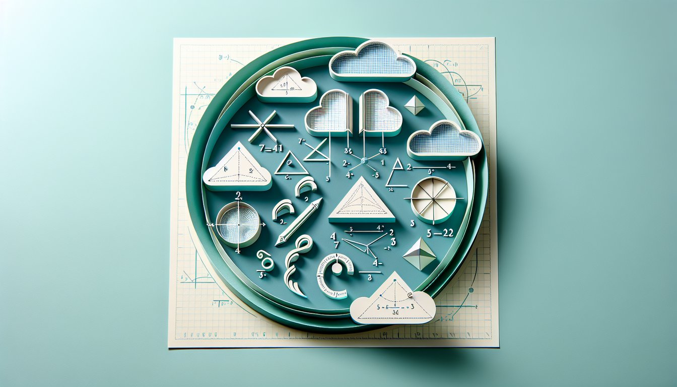 Paper art algebra equations trigonometry diagrams geometry shapes on teal background for free online math quiz
