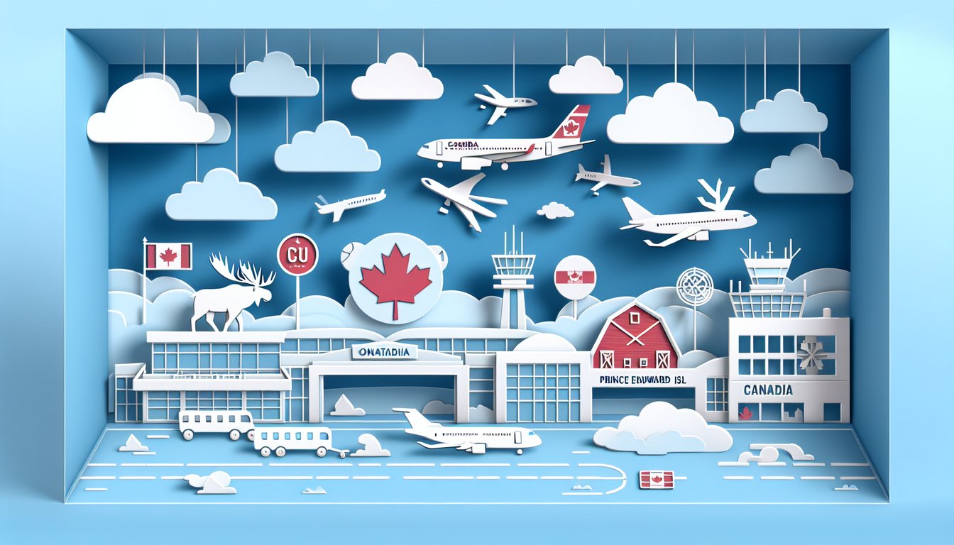 paper art style airplane over Canada map with IATA airport codes quiz prompt on sky blue background