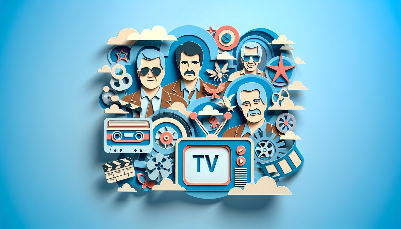 Paper art illustration for a TV dads trivia quiz on a sky blue background