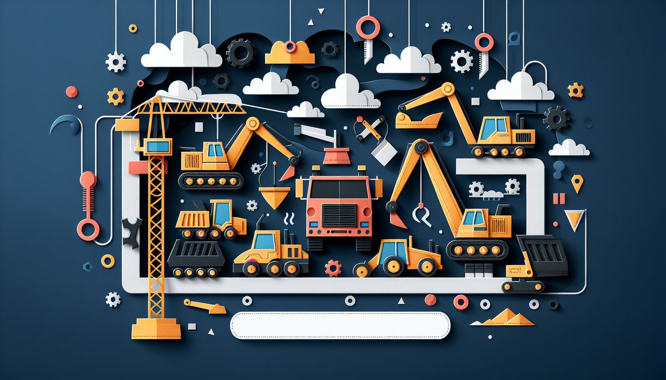 Colorful paper art depicting various construction machinery for a knowledge quiz