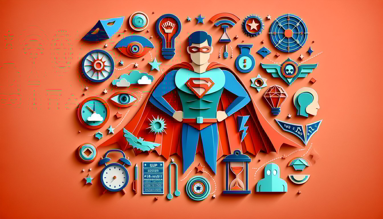 Paper art shows heroes around an umbrella on coral background promoting a quiz to find your Umbrella Academy character