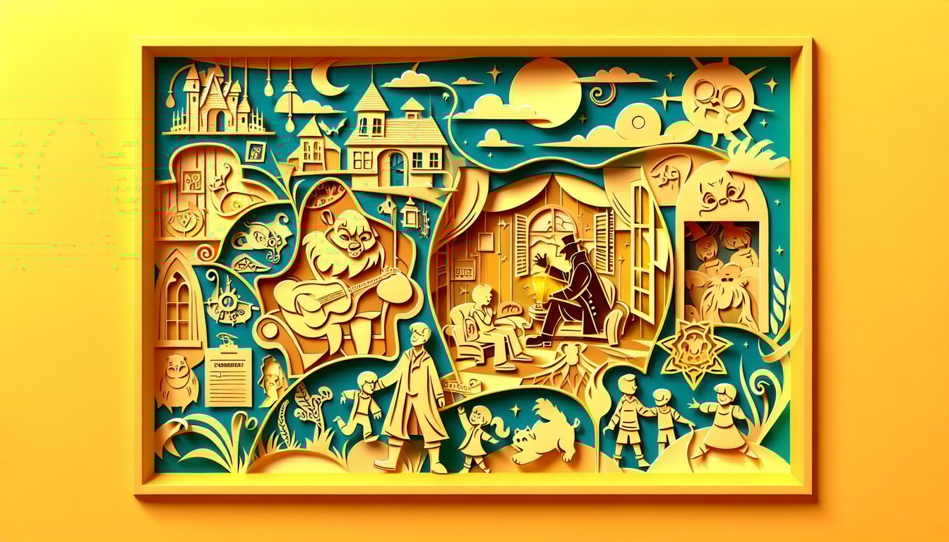 Paper art illustration two silhouettes reading book with Freak the Mighty novel quiz title on golden yellow background