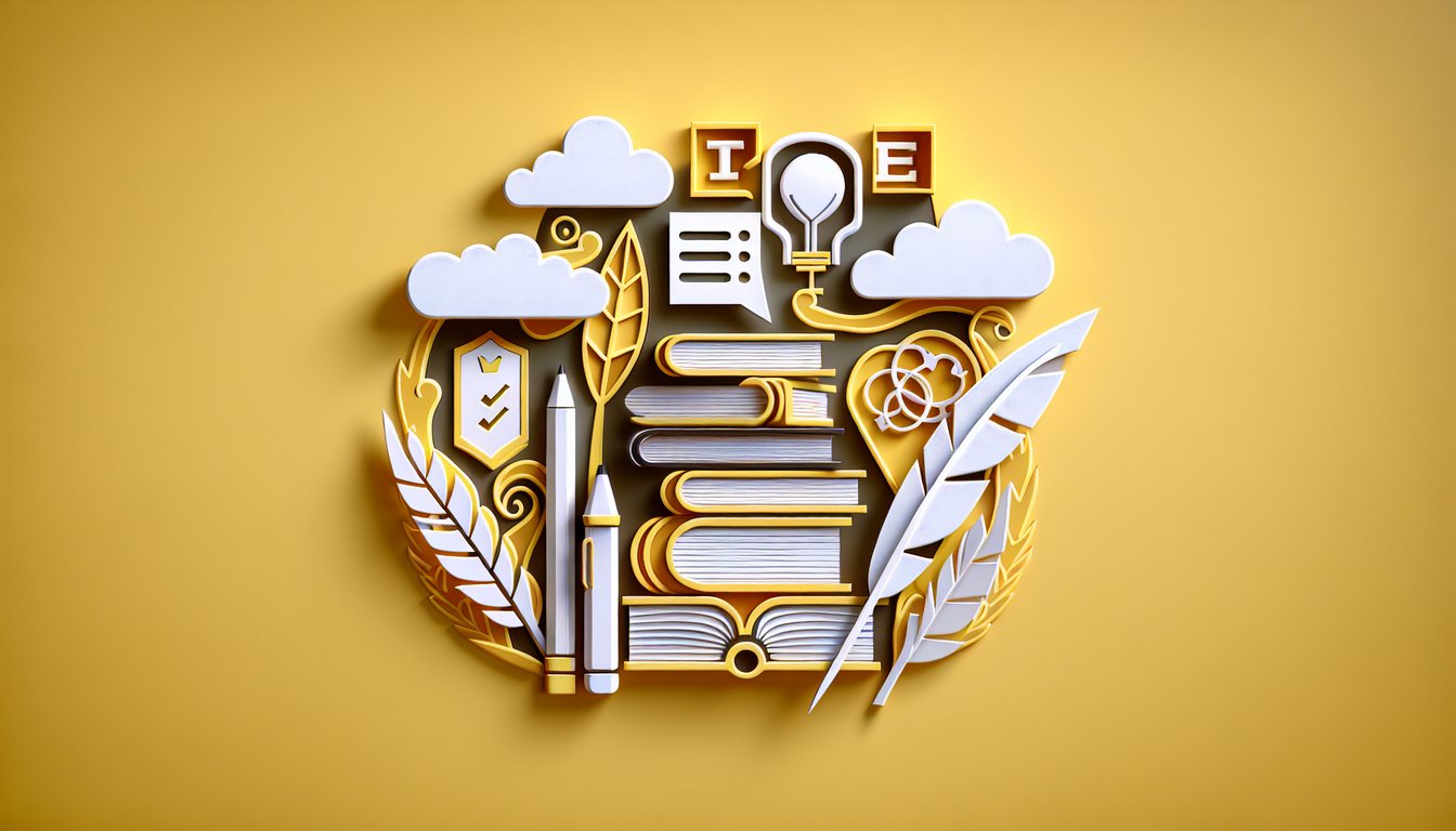 Paper art quiz illustration with book letters grammar vocabulary reading comprehension on golden yellow background.