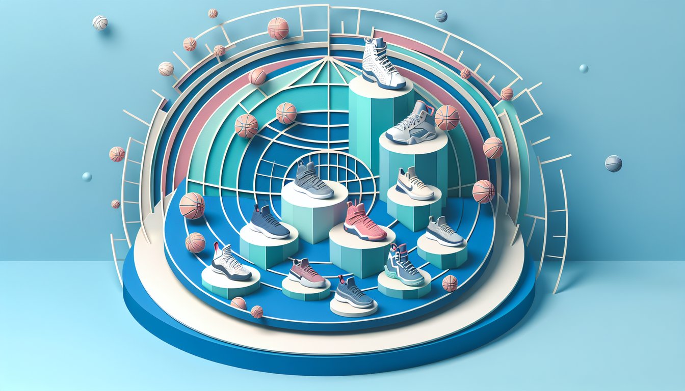 Paper art illustration for basketball shoe finder quiz on sky blue background