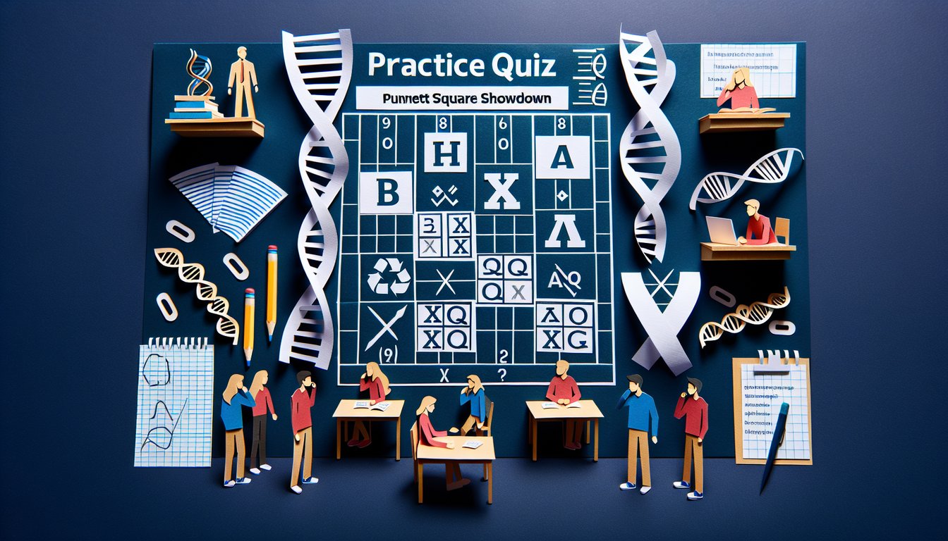 Paper art representing Punnett Square Showdown quiz for high school biology students.