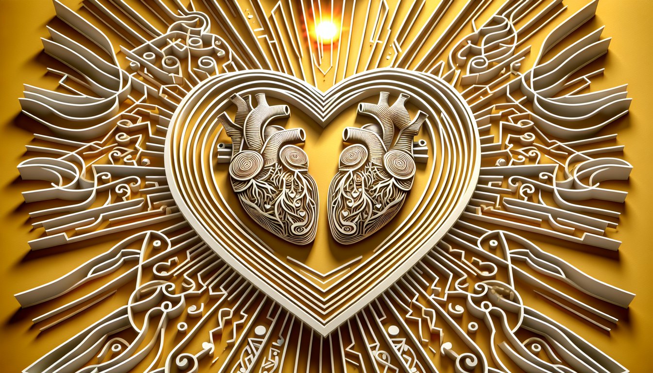 Paper art illustration for a love test quiz on a golden yellow background
