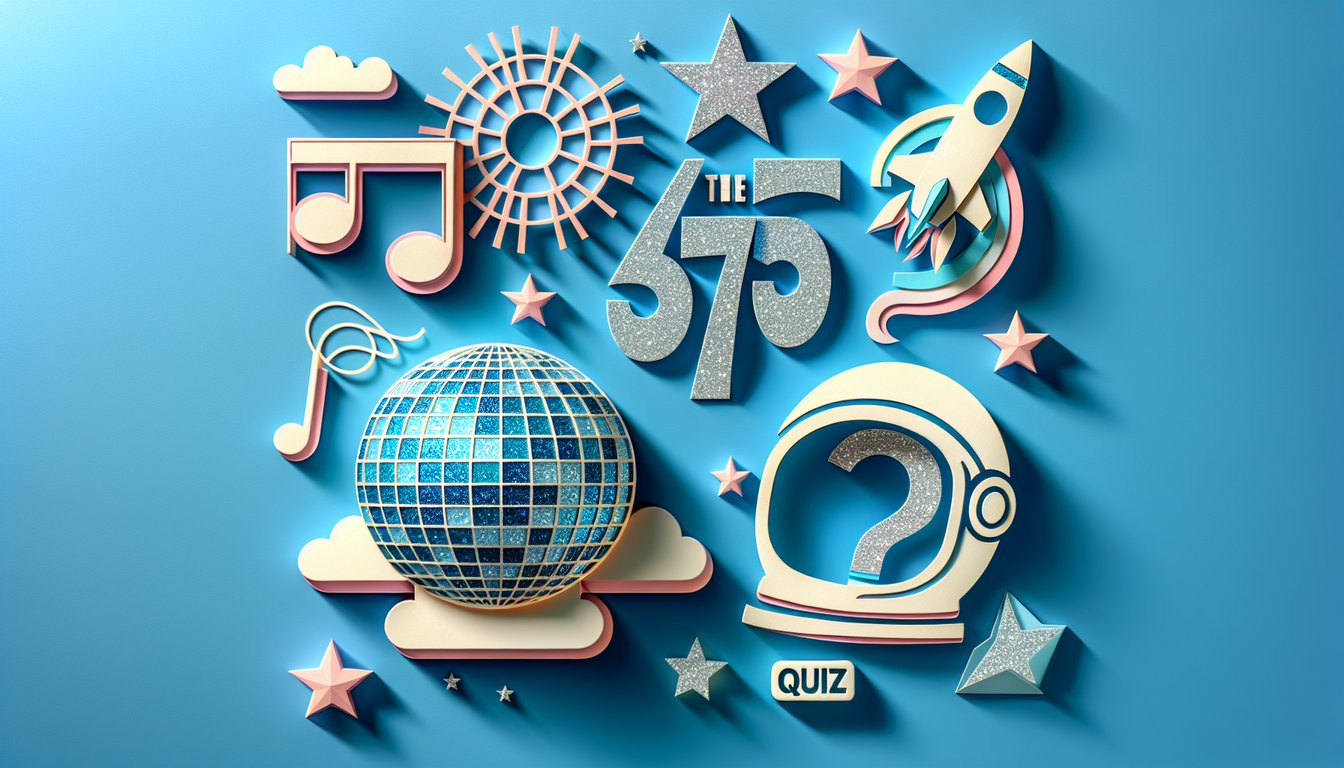 Paper art illustration for 1970s trivia quiz on sky blue background