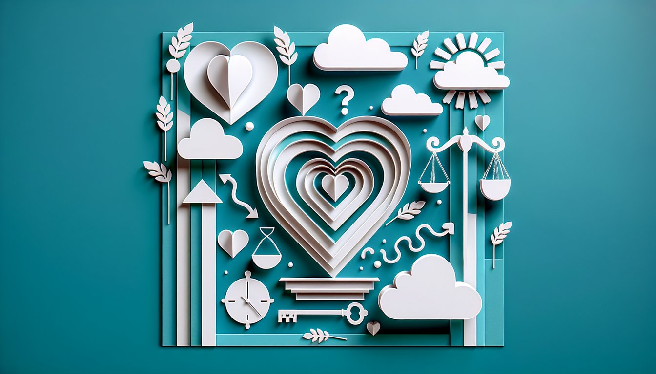Paper art illustration for love or lust quiz on a teal background