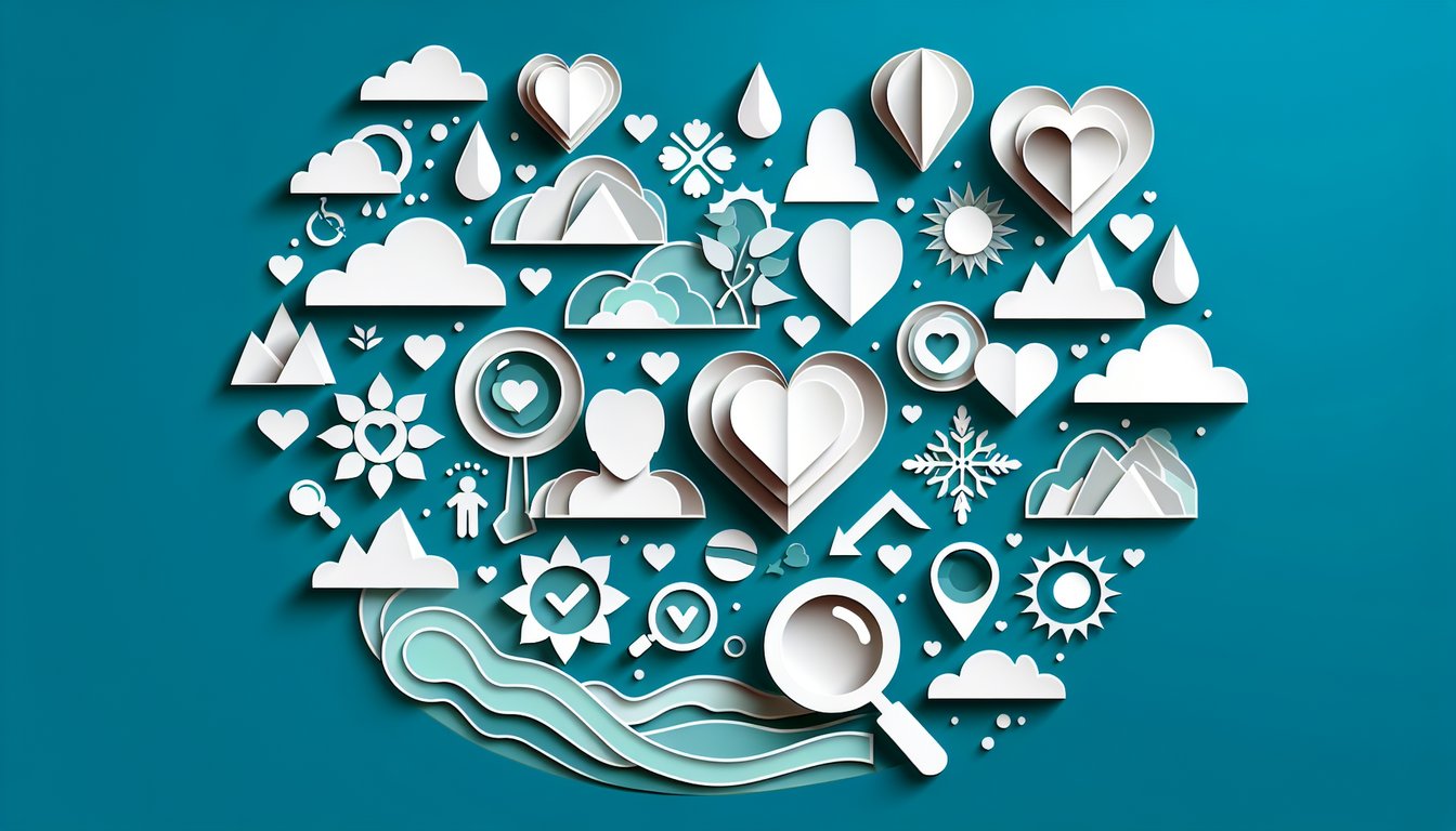 Paper art illustration for Do I Love Him quiz on teal background