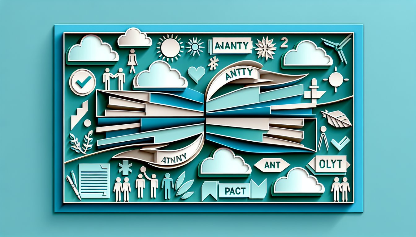 layered teal paper art shapes with text inviting a quiz to find the antonym for pact and boost word power
