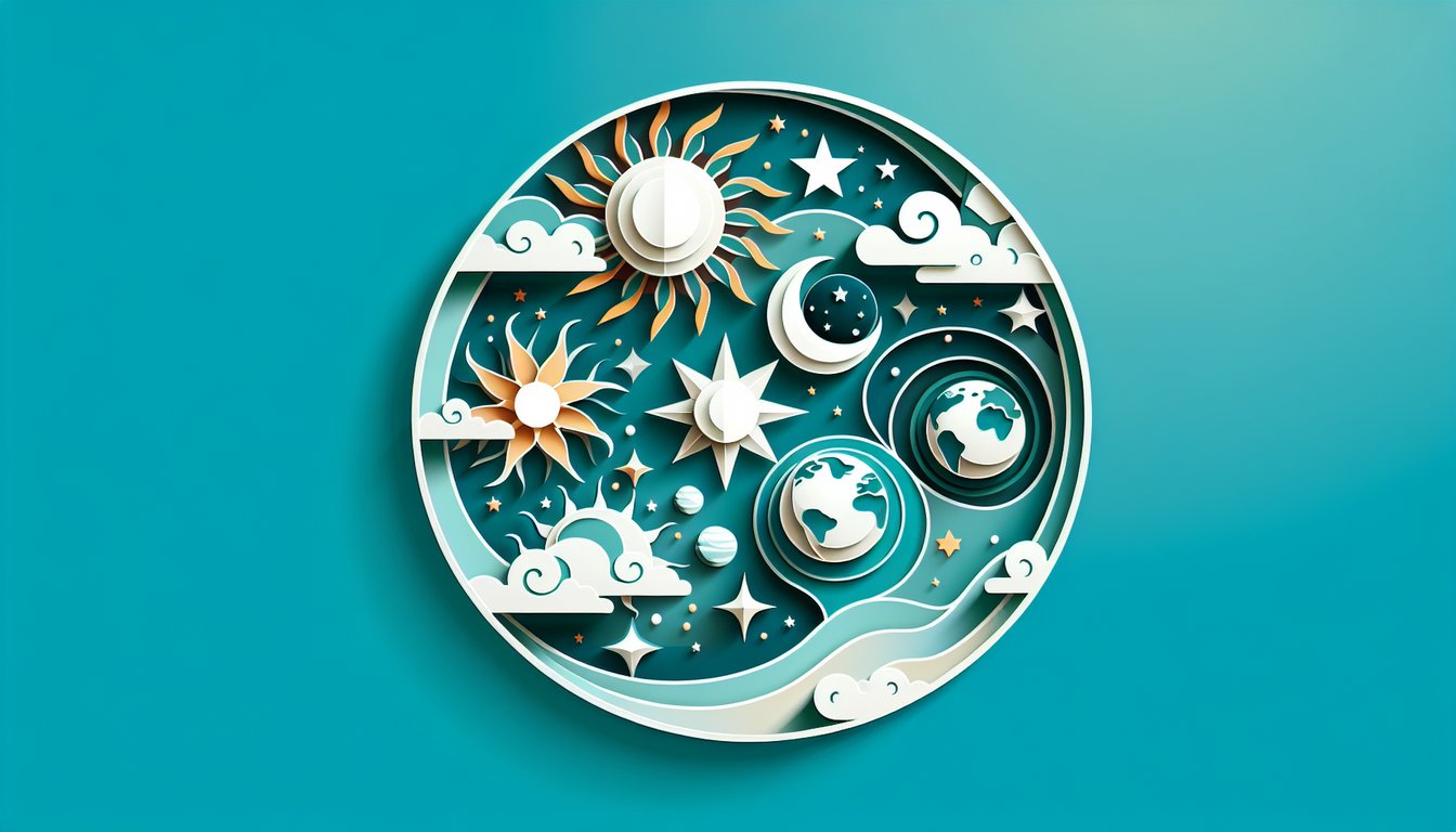 Paper art sun moon earth stars arranged around quiz title What Celestial Body Are You on teal background