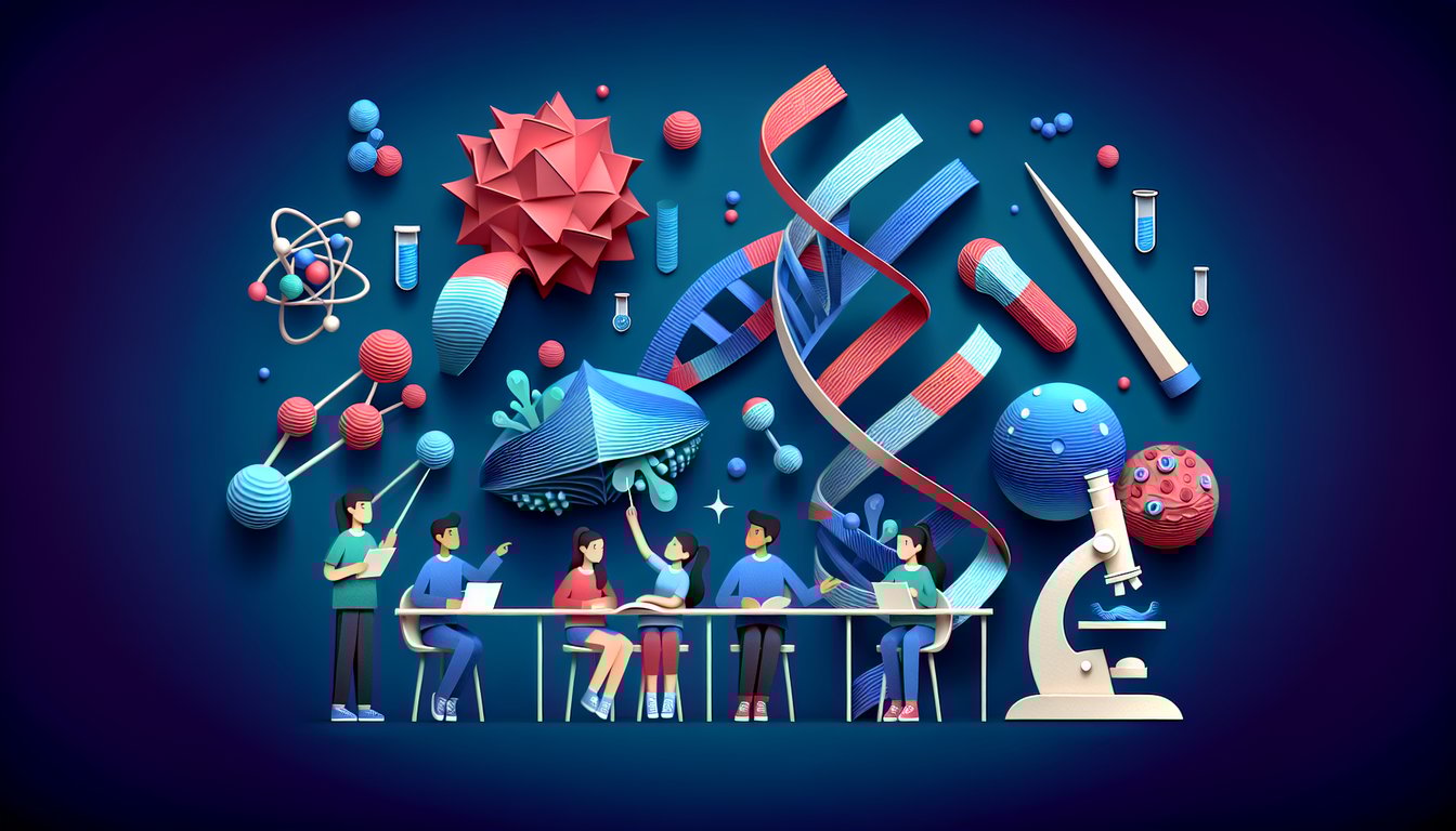 Paper art illustrating a dynamic biology practice quiz for high school students.