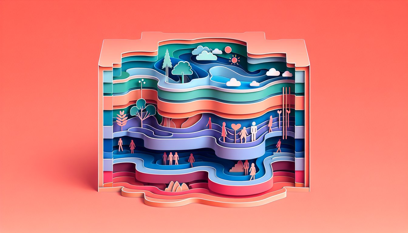 Paper art illustration for personality quiz on coral background exploring introvert, extrovert, or ambivert traits.