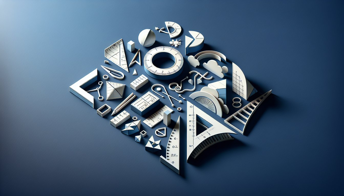 paper art illustration of trigonometry quiz triangles protractor and real world problems on dark blue background