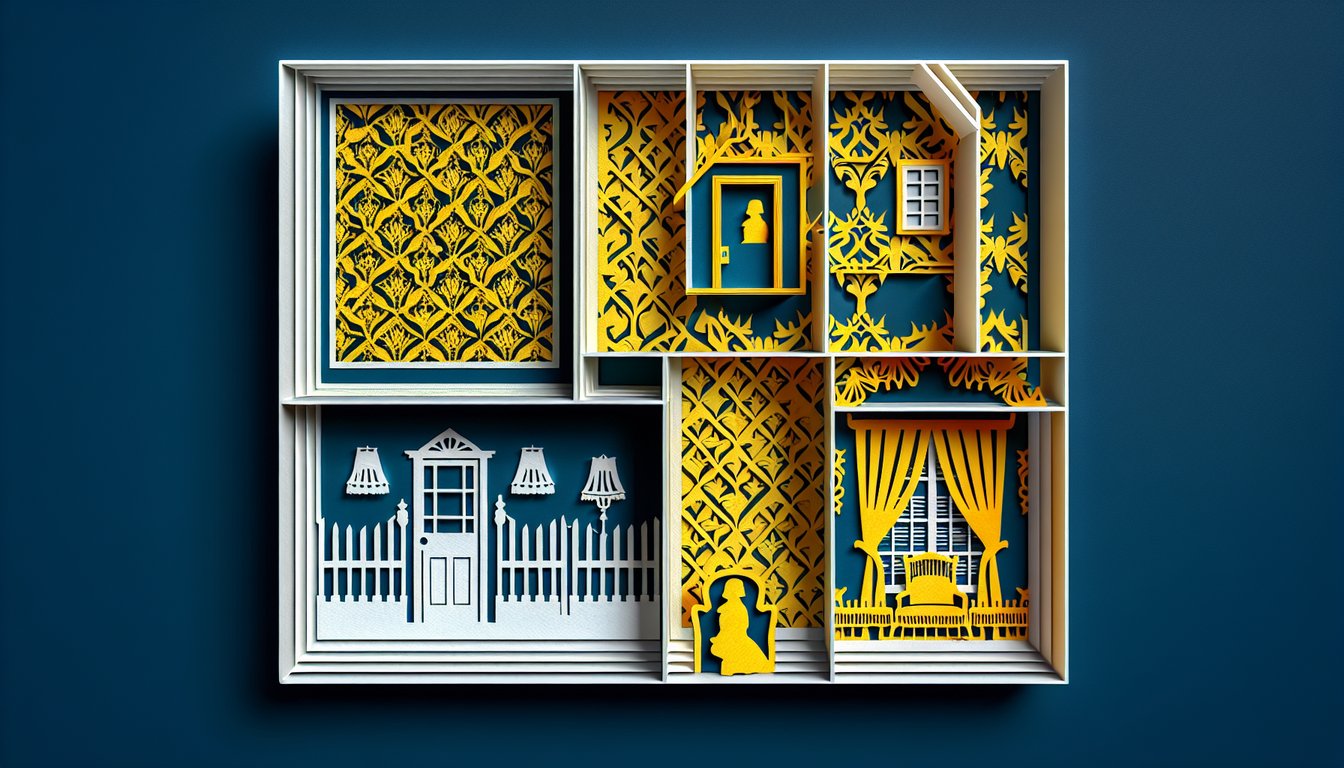 paper art illustration of yellow wallpaper design with The Yellow Wallpaper quiz text on dark blue background