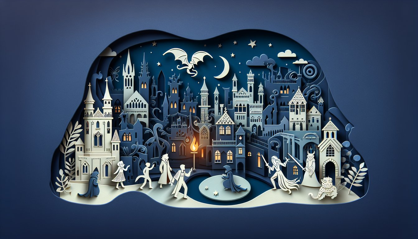 Paper art illustration for Keeper of the Lost Cities quiz on dark blue background