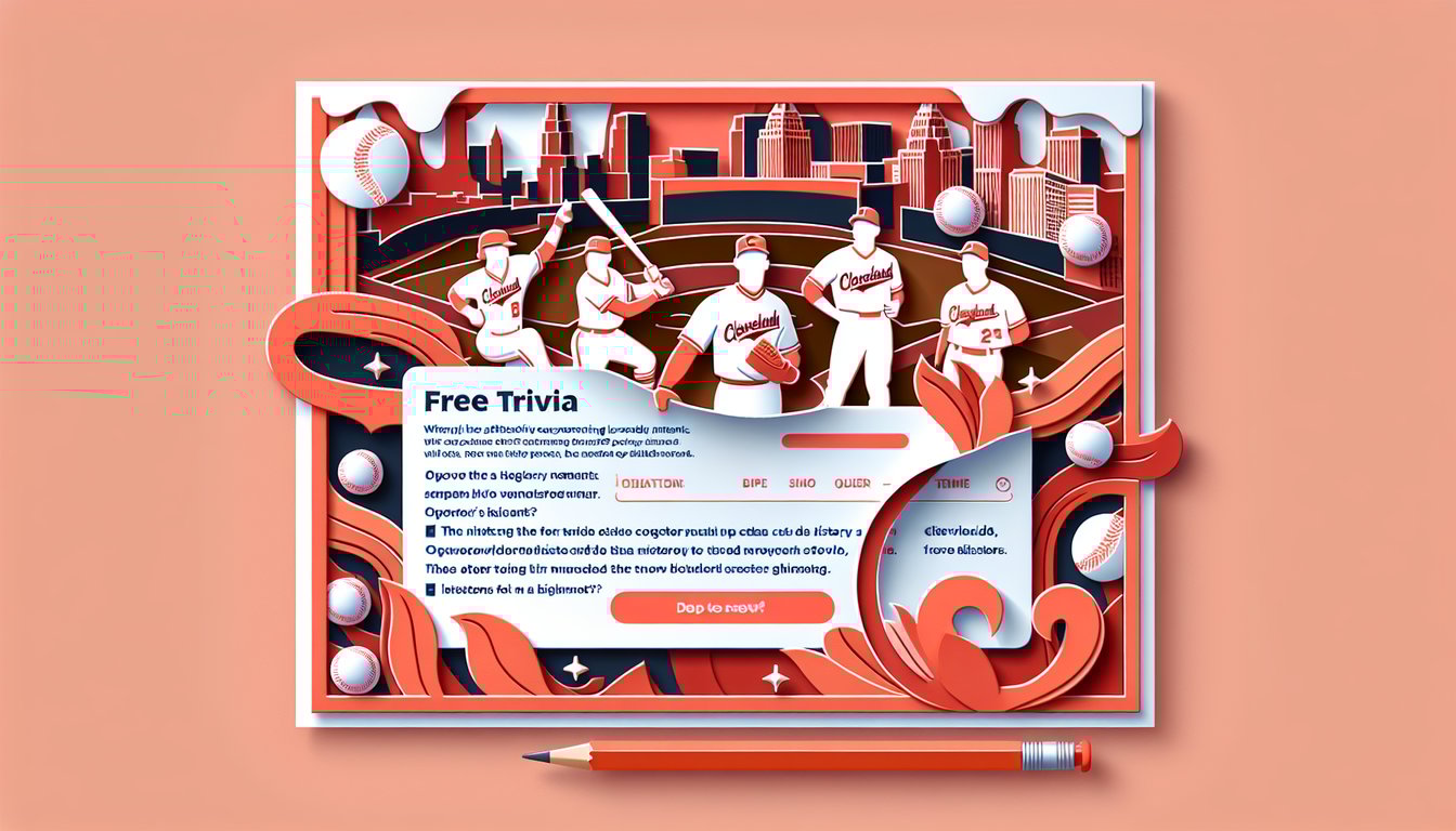 Paper art baseball icons coral background Guardians helmet bat trophy for Indian trivia quiz